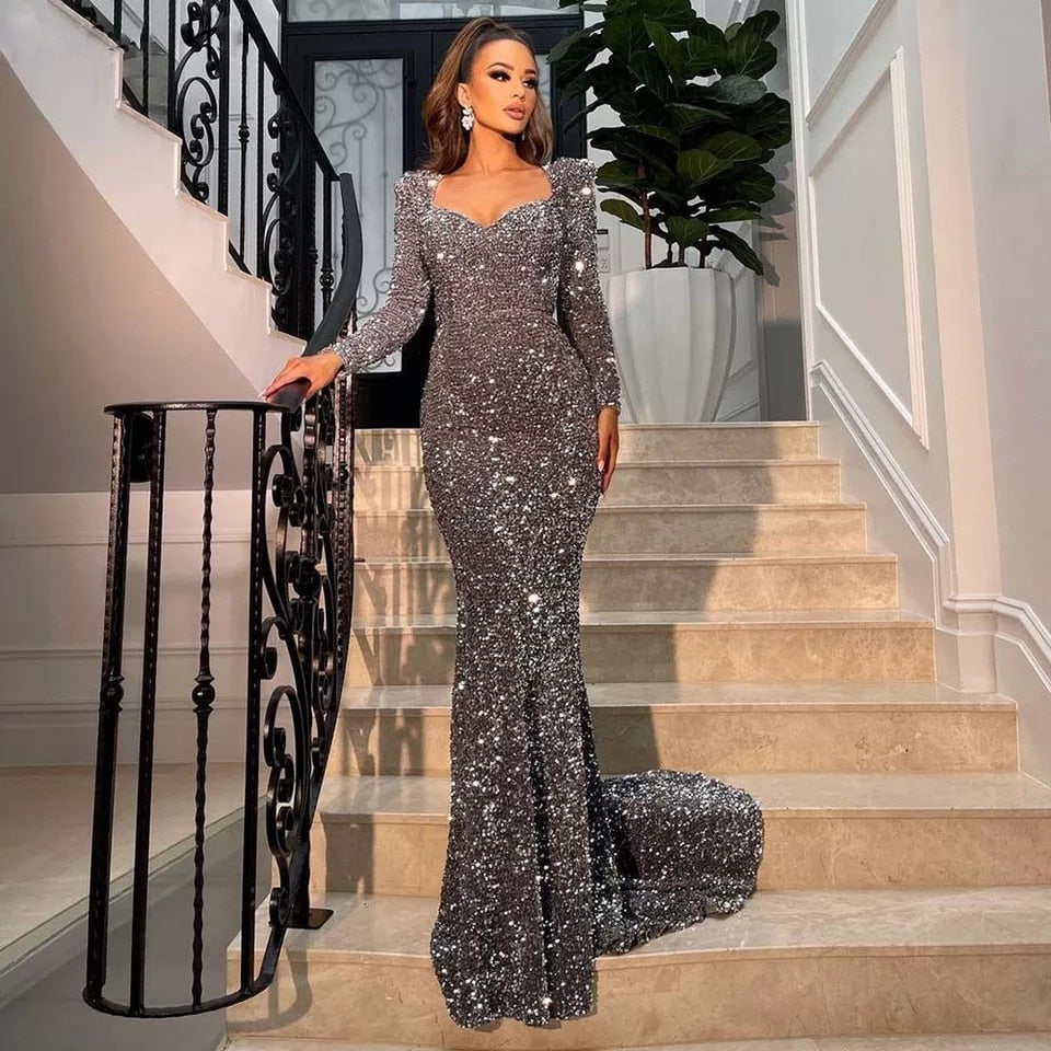 Stretch Sequined Maxi Dress Full Sleeve V Neck Mermaid Main image