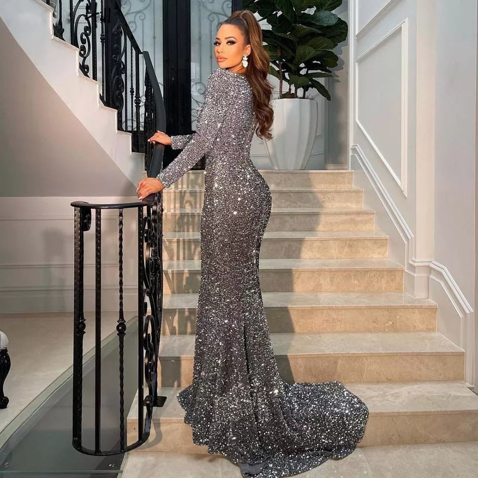 Stretch Sequined Maxi Dress Full Sleeve V Neck Mermaid