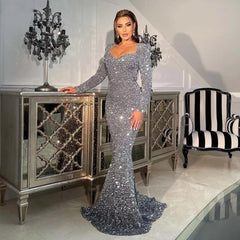 Stretch Sequined Maxi Dress Full Sleeve V Neck Mermaid