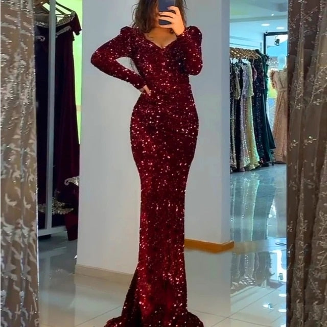 Stretch Sequined Maxi Dress Full Sleeve V Neck Mermaid