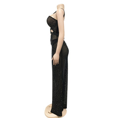 Black Mesh Glitter Crystal Maxi Dress