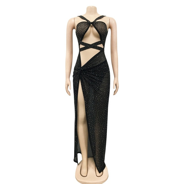 Black Mesh Glitter Crystal Maxi Dress
