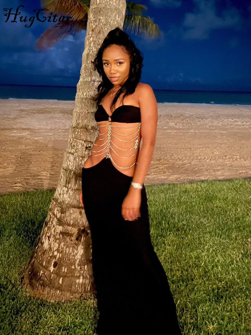 Chain Halter Bandage sleeveless backless maxi dress