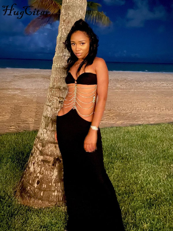 Chain Halter Bandage sleeveless backless maxi dress
