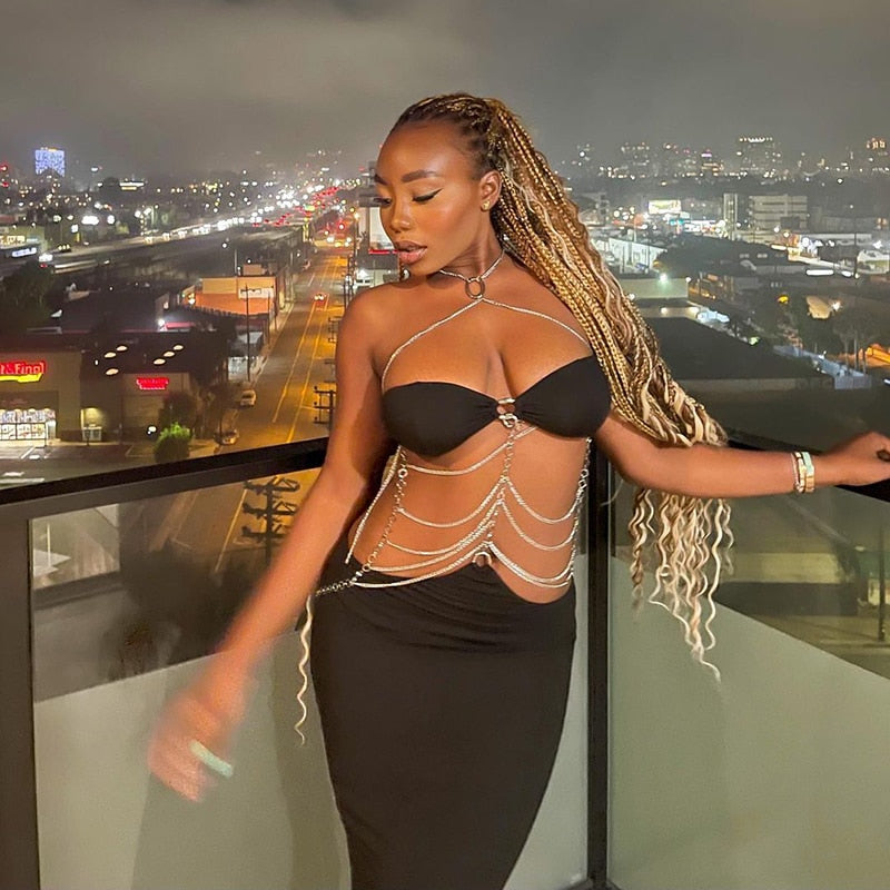 Chain Halter Bandage sleeveless backless maxi dress