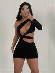 One Shoulder Sexy Backless Bandage Cut Out Mini Dress
