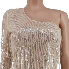 Sparkle One Shoulder Sequins Fringed Short Party Dress