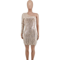 Sparkle One Shoulder Sequins Fringed Short Party Dress