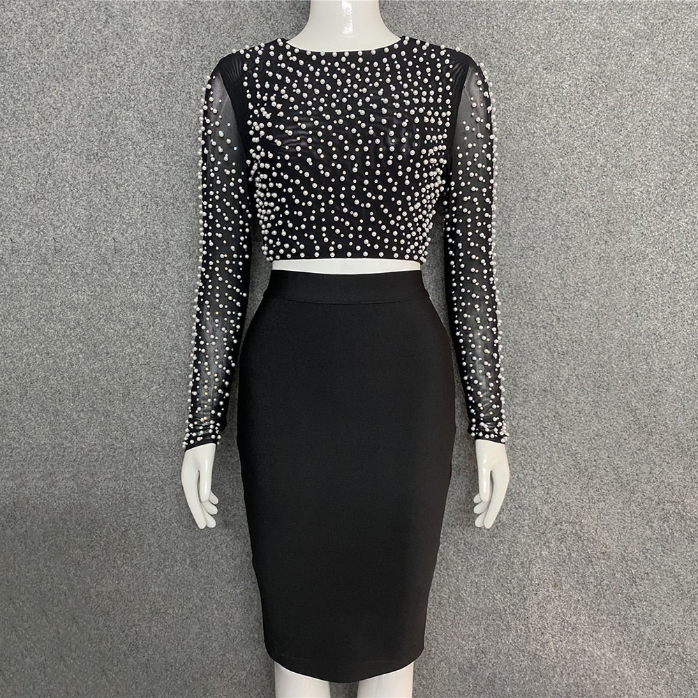 2 Piece  Beading Top Bodycon Bandage Skirt Sets