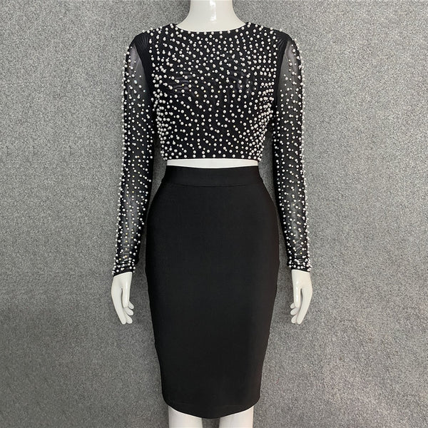 2 Piece  Beading Top Bodycon Bandage Skirt Sets