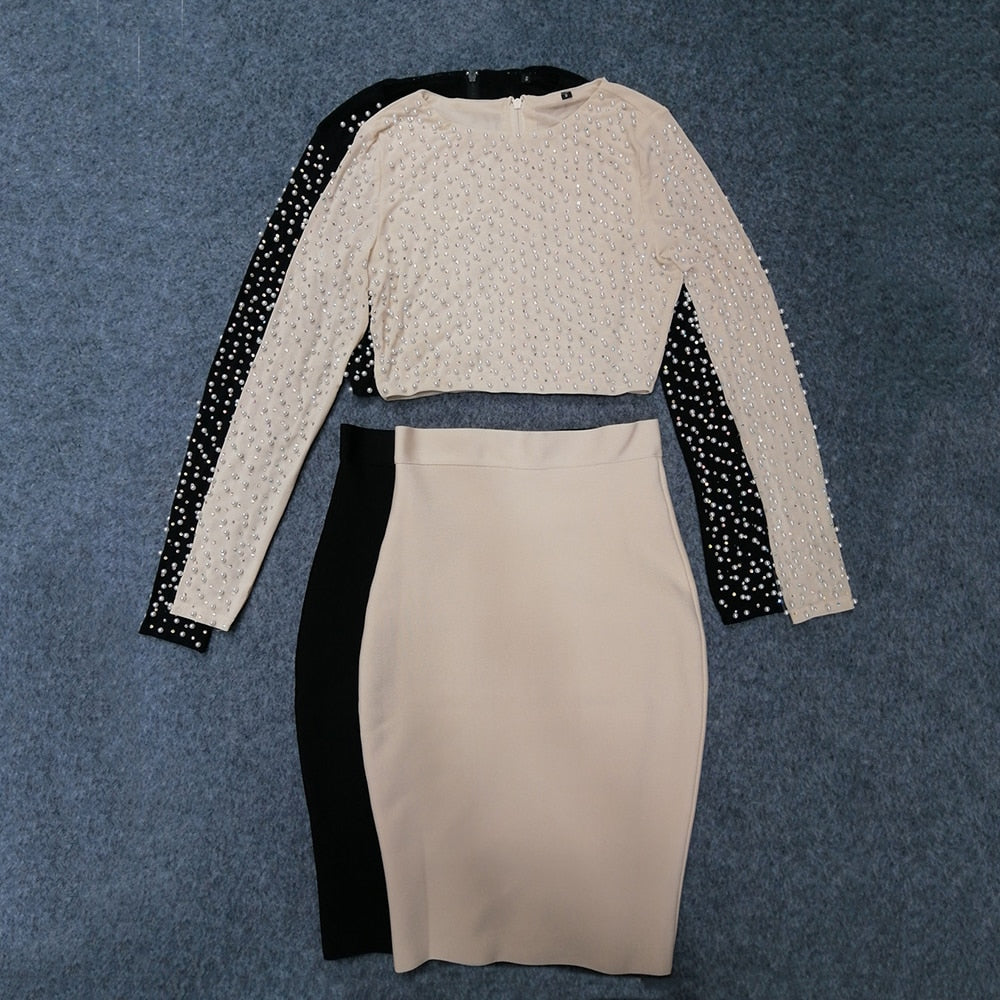 2 Piece  Beading Top Bodycon Bandage Skirt Sets