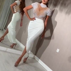 Transparent Tulle with Bead Tops Patchwork Slit Party Dresses