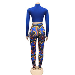 Chic Sport Legging Set Zip Lace-Up Solid Crop Top