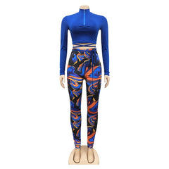 Chic Sport Legging Set Zip Lace-Up Solid Crop Top