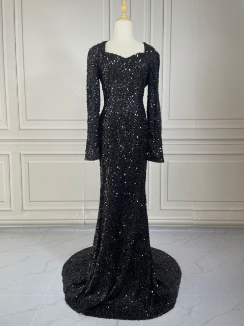 Stretch Sequined Maxi Dress Full Sleeve V Neck Mermaid