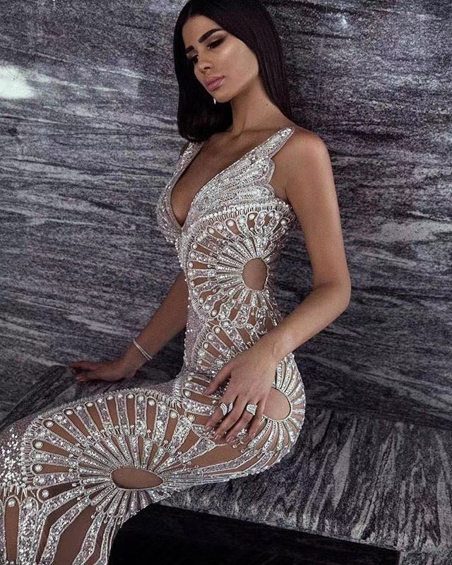 Silver Sequins Ruffles Sexy V Neck Backless Maxi Dress