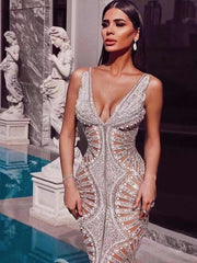 Silver Sequins Ruffles Sexy V Neck Backless Maxi Dress