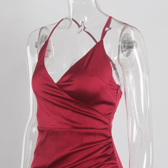 V Neck Sleeveless Satin Dress Backless