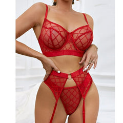 Lace Bra and Panty Garters Black Transparent Lingerie