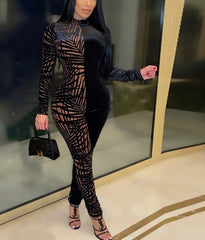 Chic Palm Print Patchwork Velvet Jumpsuit (Black/Nude)