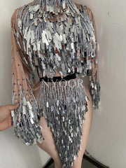 Silver Sequins Fringe Split Dress