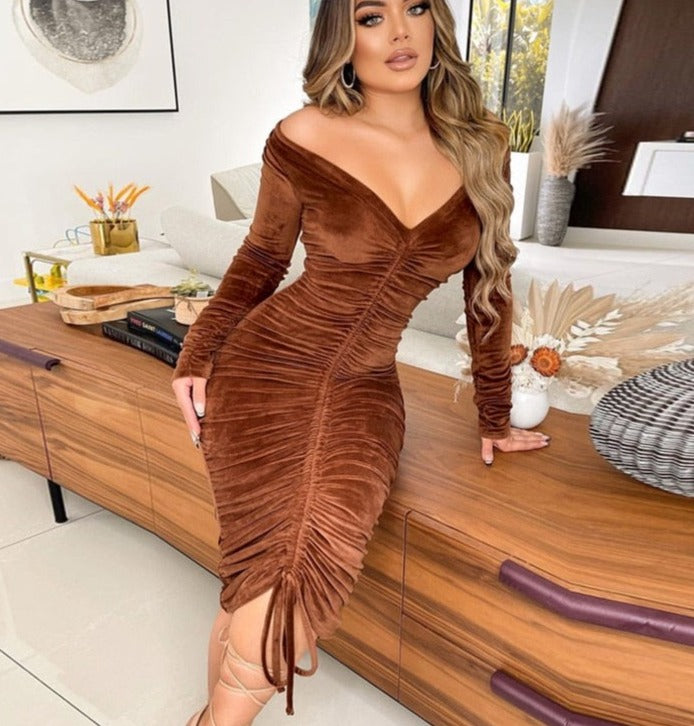 Shoulder Ruched Velvet Sexy Dresse