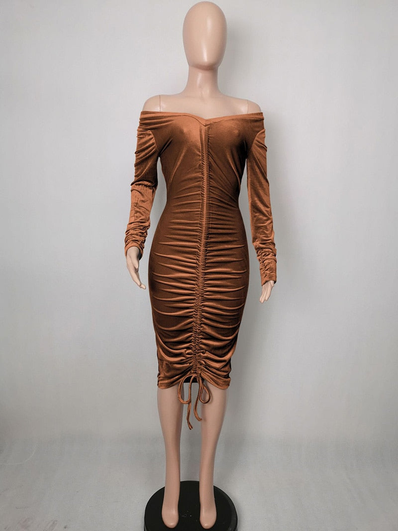 Shoulder Ruched Velvet Sexy Dresse