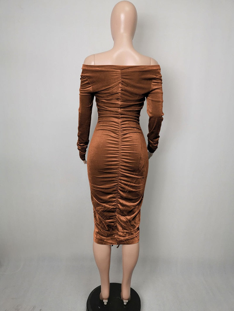 Shoulder Ruched Velvet Sexy Dresse