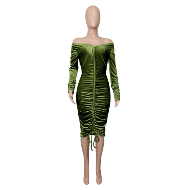 Shoulder Ruched Velvet Sexy Dresse