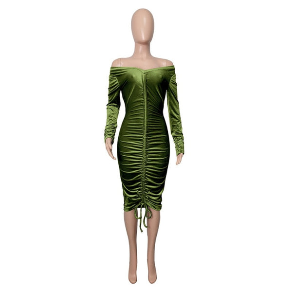 Shoulder Ruched Velvet Sexy Dresse
