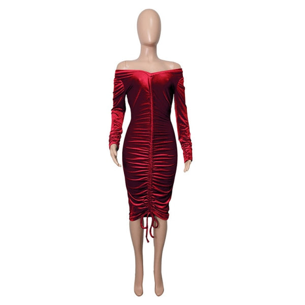 Shoulder Ruched Velvet Sexy Dresse