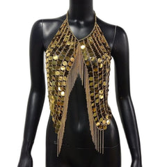 Sequined Crop Tops Metal Chain Tassel