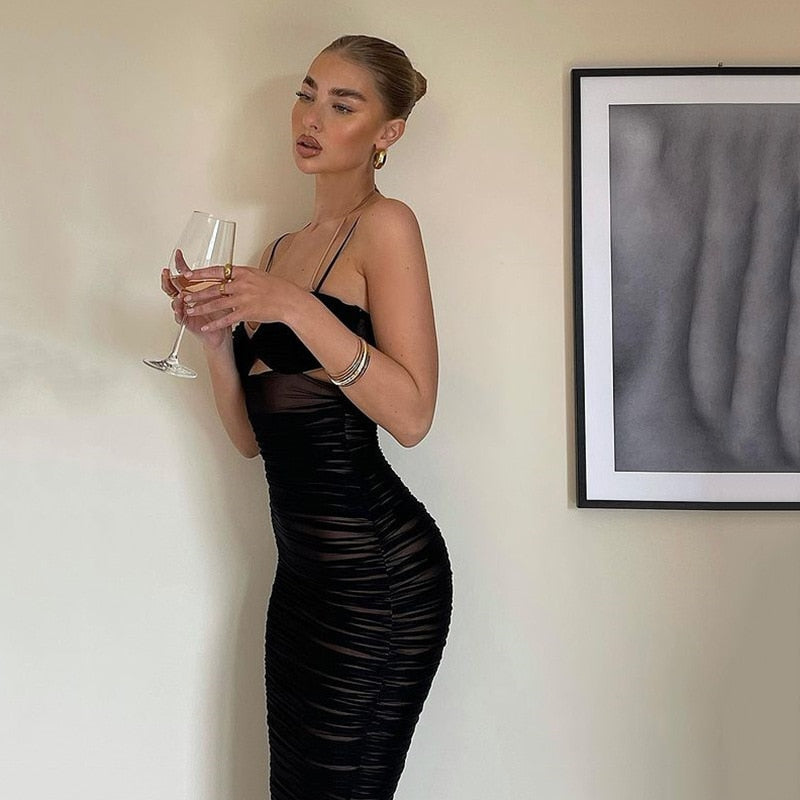 Elegant Sexy Black Mesh Ruched Bodycon Dress