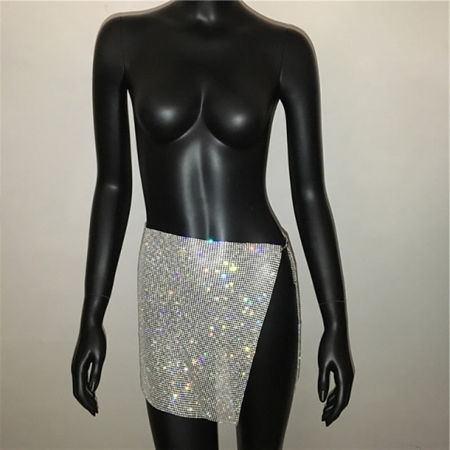 Sparkly Rhinestone Sexy Two Piece Set Mini Skirt