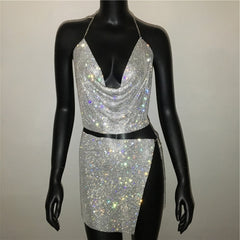 Sparkly Rhinestone Sexy Two Piece Set Mini Skirt