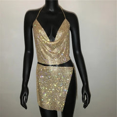 Sparkly Rhinestone Sexy Two Piece Set Mini Skirt