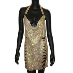 Gold Silver Rhinestone Tassel Chain Dress