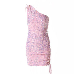 One Shoulder Drawstring Mini Dresse