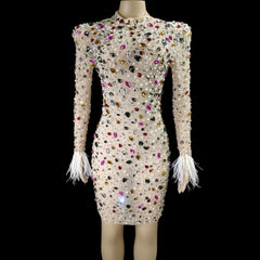 Sparkly Colorful Rhinestone Feather Sleeves Short Dress