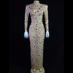 Sparkly Colorful Rhinestone Feather Sleeves Short Dress