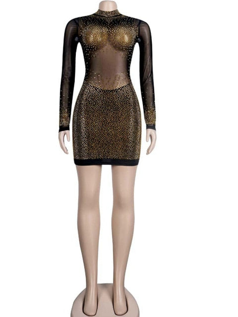 Sparkle See Through Mesh Crystal Mini Dresses