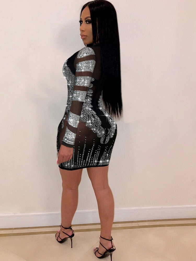 Women See Through Crystal Studded Mini Dress