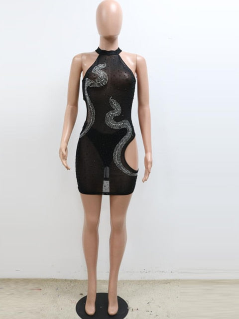 Chic Cut-Out Crsytal Snake Mini Dress