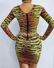 Sexy Tiger Pattern Printed Dress Rhinestones Stretch Mini Dress