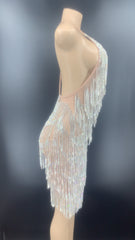 Sparkly Rhinestone Fringes Backless Sleeveless Short Dress