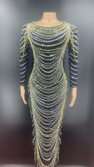 Beaded Long Dress Women Long Sleeve Singer