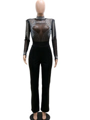 Elegant Black Rhinestone Embellishment Wide Leg Jumpsuits