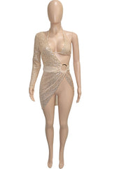Sparkle O-Ring Sequins Wrap Short Party Dress Glittter One Sleeve Side Slit