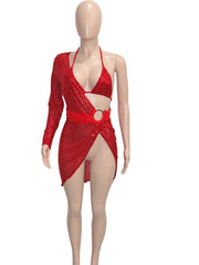 Sparkle O-Ring Sequins Wrap Short Party Dress Glittter One Sleeve Side Slit
