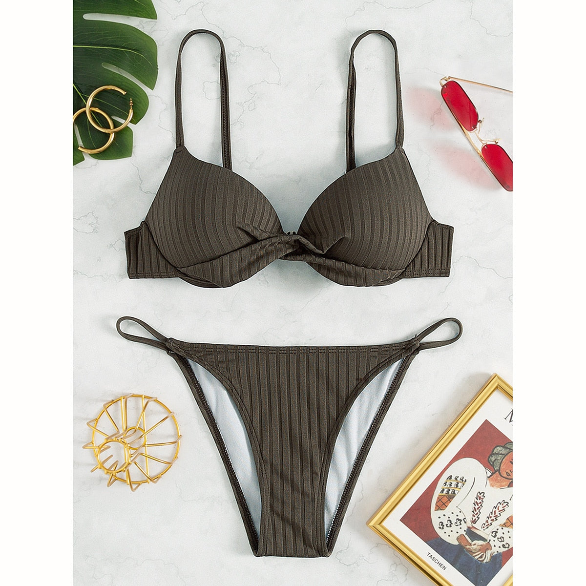 Push Up Ribbed Brazilian Bikini Set Thong